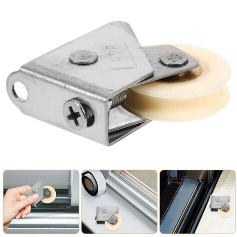Heavy Duty Sliding Door Pulley Wheel With Adjustable Track Roller For Slick Silent Glide Operation Smooth Stainless Steel Hardware Replacement Zero Sweat Install close-up of stainless steel pulley with white wheel.