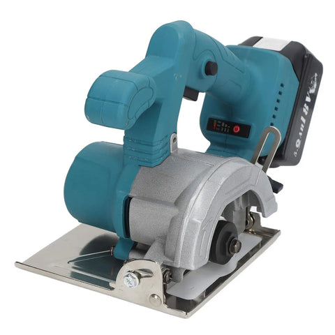 Pro Grade 18V Cordless Circular Saw Delivers Kickass Torque And Lightning Fast 11800 RPM Cuts Slices Hardwood With Ease Using A Rock Solid 4 Inch Blade Adjustable Bevel And Boss Level Handle, close-up view showing motor and blade assembly.