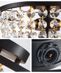 Close-up of Dope Crystal Chandelier Flush Mount Ceiling Light For Bedroom Hallway Bar Kitchen Bathroom 8.4 In High By 13 In Wide Black Finish E12 Base 120V 40W Max Bulbs Not Included Use 3 LED E12 Bulbs For Sparkling Glow, showing crystal strands and E12 base details.
