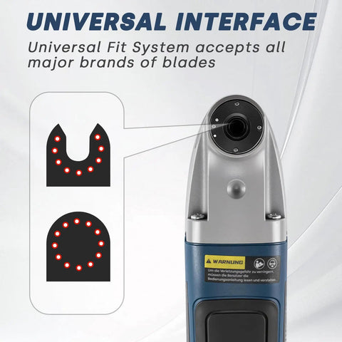 Heavy Duty Corded Oscillating Multi Tool With Universal Fit Base And 200W 1.6A Motor showing universal interface for blade compatibility.