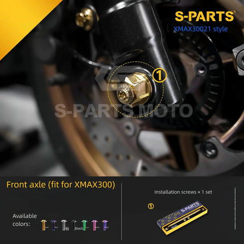 Built Tough Titanium Bolt And Screw Kit For Yamaha XMAX300 2021 To 2024 Motorcycle Front axle installation with gold nut.