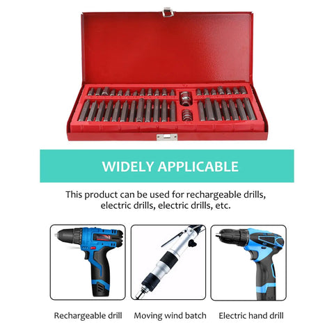 40 Piece Socket Wrench and Hex Bit Driver Set with Spline and 12 Point Star Bits for Auto Repair Bikes Lawn Equipment in red case.