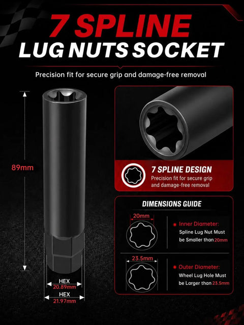 Heavy Duty 7 Spline Lug Nut Socket Key For Stripped Fastener Removal With 21Mm And 22Mm Hex Drive Compatibility and Chrome Plated, 89mm long.