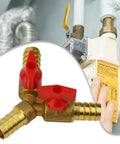 Boss Level Solid Brass 3-Way Ball Valve With 12mm Fitment For Water Air Flow Throttle Plumbing Pneumatic System Hefty Build Quick Turn Operation Leak Free Guarantee, showcasing valve with red handles and connectors.
