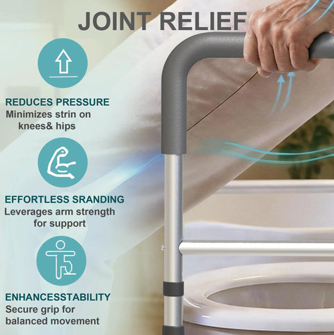 Legit Rock Solid Toilet Safety Rails, 350 Lbs Capacity Adjustable Grab Bars providing joint relief for seniors and disabled users.