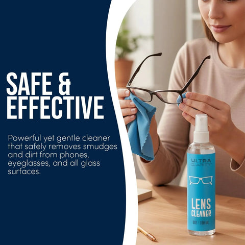 Eyeglass lens cleaner spray bottle with blue label; side view of a person cleaning eyeglasses with a microfiber cloth