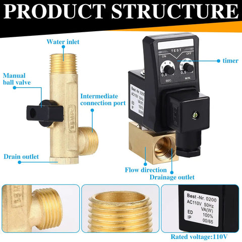 Two Sets Automatic 110V Electronic Drain Valve Kit With Timed Tank Drain For Air Compressors, Brass Split Type Valve Structure