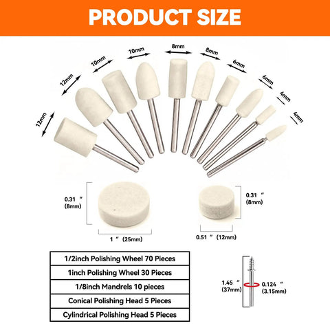 Product size chart for 120 Pcs Buffing Wheels Polishing Kit Rotary Tool Accessories showing assorted wheel dimensions.