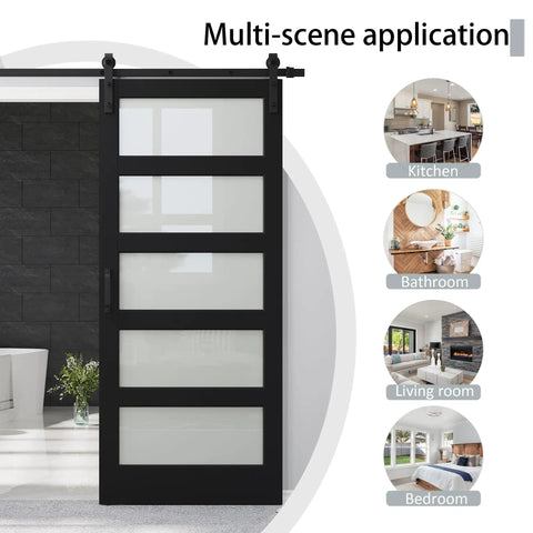 36X84 Black Frosted Glass Barn Door With Complete Hardware Kit And Six Point Six Foot Track Handle No Sweat Install, shown installed in various rooms.