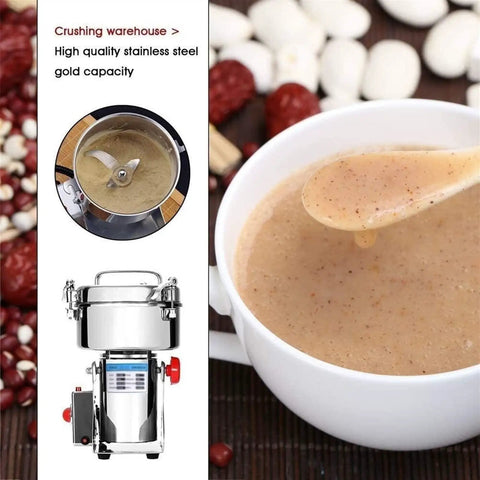 Stainless Steel High Speed Swing Type Grain Grinder Machine next to bowl of grain porridge, demonstrating grinding results