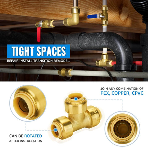 Half Inch Push To Connect Tee Fittings Pack Of 2 No Lead Brass Tee Connector For PEX Copper And CPVC Plumbing UPC And CUPC Certified ASSE 1061 NSF ANSI 61