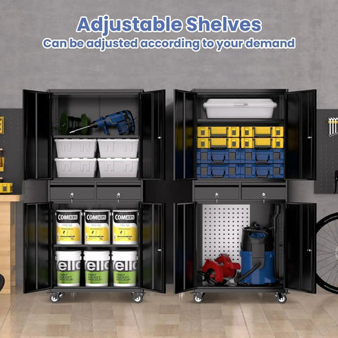 Beefy Heavy Duty Metal Garage Storage Cabinet On Wheels With Locking Doors, Two Drawers, and Adjustable Shelves in workshop.