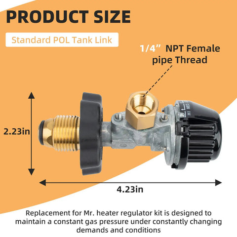 Tank Top Propane Regulator Valve Kit For Portable Heaters That Plays Nice With SunRite SRC15T SRC30T Dura Heat GR121 HD15 And MH Series Tank Top Heaters Replacement Parts, side view, showing dimensions and pipe thread details.