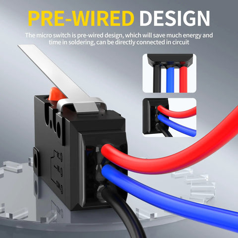 Waterproof Micro Limit Switch With Long Hinge Lever SPDT 3 Pin 10A 125V 250V Prewired For Arduino Appliances, highlighting wires and lever