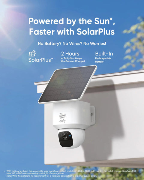 Outdoor Wireless Security Camera Kit With 2K Clarity, 360° Pan, AI Tracking, Solar Powered, mounted on roof edge.