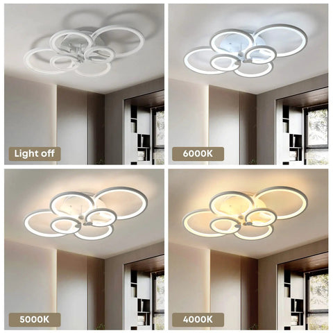 Six Ring LED Ceiling Light With Remote Control Dimmable White Flush Mount Fixture for Living Room Bedroom Dining Kids Room