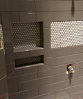 Yellow Recessed Shower Niche With Double Shelves For Shampoo And Toiletries, 16 X 20 X 4 Inch ABS Plastic Organizer in tiled wall