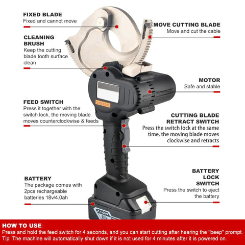 18V Rechargeable Ratchet Cable Cutter Cordless Cable Cutting Tool with labeled parts and instructions for use