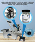 Semi Automatic Label Applicator For Round Bottles, Heavy Duty Bottle Tagger With Instant Date Encoder, Cans And Glass Roller, Precision Labeler with coder and glass jar in background.
