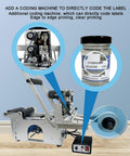 Slick Semi Automatic Label Applicator For Round Bottles With Built In Printer And Self Adhesive Coding System For Quick Turnaround and No Sweat Operation On Any Desktop showing coding machine and labeled jar.
