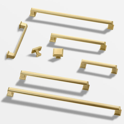 10 Pack Top Shelf Brushed Gold Cabinet Pulls With 96 mm Hole Center Heavy Duty Zinc Alloy Drawer Handles For Kitchen Cabinets Dressers And Wardrobes Sleek Hardware Choice displayed in various sizes and shapes.