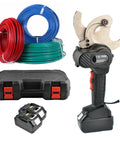 Ratcheting Cable Cutter Workhorse With Dual Batteries And Cleaning Brush Hydraulic Wire Cutting Tool For Copper And Aluminum Cables Portable Electric Wire Processing Tool Heavy Duty EC65M with coiled cables and case.