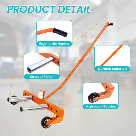 Built To Last Heavy Duty Adjustable Tire Wheel Dolly Moves 440 Lbs With Alloy Steel Frame Swivels 360 Degrees Smooth As Silk Across Your Garage Floor Perfect Workhorse For Auto Shops And Tire Changing Projects Orange Model showcasing ergonomic handle and smooth rollers.