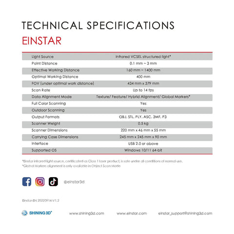 Technical specifications for Handheld 3D Scanner With Infrared VCSEL Tech And Live RGB Color Capture, detailing features and dimensions.