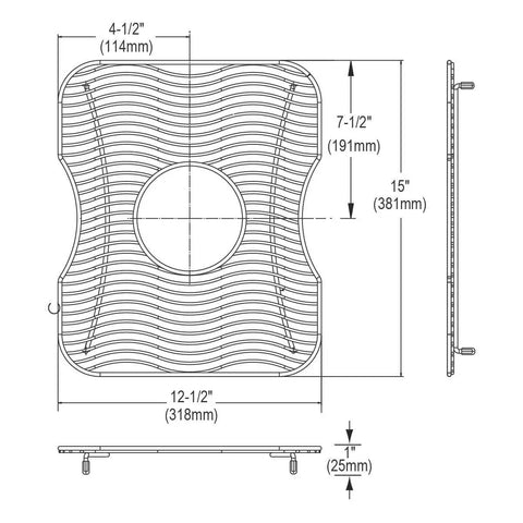 Diagram of Stainless Steel Bottom Grid For Standard Kitchen Sinks 12.5 By 15 By 1 Inches, top and side view.