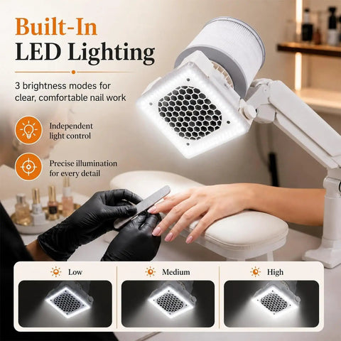 Top Shelf Quiet Nail Dust Collector Vacuum Fan With Adjustable Suction Reusable Filter And Smooth Cyclone Airflow For Salon Pros And Home Beauty Buffs with built-in LED lighting for nail work.