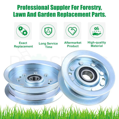 Heavy Duty Idler Pulley Replacement For John Deere GY22172 And GY20629 Fits 42 Deck D130 Mower Parts, showing two metal pulleys.