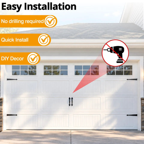 Beefy Garage Door Decor Hardware, Black Carriage Faux Hinges And Handles With Strong Magnets, showing easy installation on garage door.