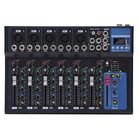 Front view of 7 Channel Bluetooth Portable DJ Mixer With USB Recording MP3 Input XLR Phantom Power 48V Multi Channel Sound Mixer Board