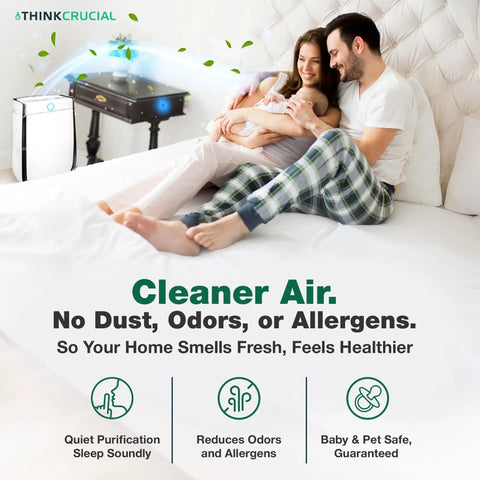 Family enjoying clean air with Replacement Filter Kit For AD3000 And AD3500 Air Purifier nearby on a bed, promoting health.