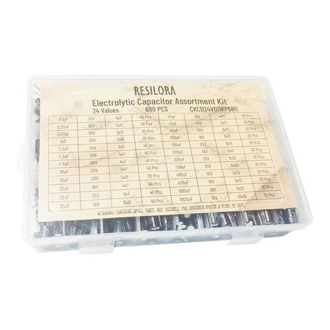 Dope Aluminum Electrolytic Capacitor Assortment Kit Loaded With 680 Pieces arranged in a clear tackle box with labels.