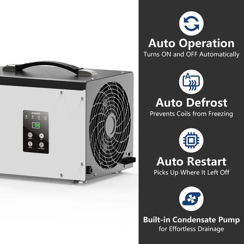 Heavy Duty Crawl Space Dehumidifier With Built In Pump For Basement Moisture Control showing side view and control panel details.