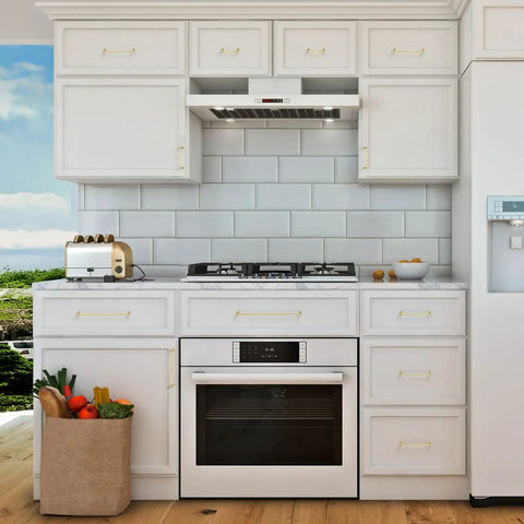 Top Notch Polished Brass Cabinet Pulls Rock Solid Drawer Handles By 12 Inch Center To Center Spacing Knockout Appearance For Contemporary Kitchen Renovation And Bath Upgrade 5 Pack in modern kitchen with white cabinets.