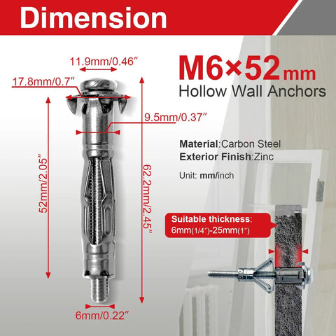 M6 X 52mm Metal Drywall Anchor dimensions with carbon steel material, suitable for hollow walls and plasterboard projects.
