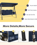 Three Seat Outdoor Porch Swing With Upgraded One And A Half Inch Cup Holder Comfy Adjustable Canopy And Backrest Cushions Weatherproof Steel Frame For Garden Deck Or Poolside Blue with features details