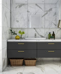 Premium Gold Cabinet Pulls 25 Pack, 8 Inch Center To Center Bar Handles For Kitchen Cabinets And Drawers, sleek gold handles on modern bathroom vanity.
