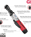 Power Up Your Garage with This Badass G12 Series 3-Tool Cordless Combo Kit Featuring a Brushless 3/8 Inch Ratchet Wrench close-up view with LED light and trigger features.