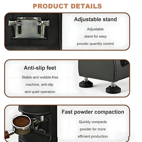 Automatic Coffee Tamper With 58Mm Portafilter, touch activated adjustable tamping pressure, showing adjustable stand and anti-slip feet.