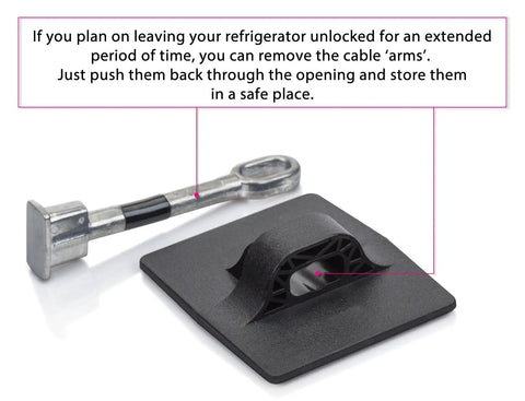 Two Pack Refrigerator Lock With Keyed Padlock, Black Finish, No Drilling Needed, demonstrating removable cable arms feature