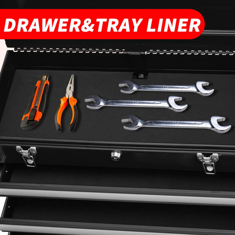 Heavy Duty Badass Four Drawer Steel Tool Chest With Smooth Ball Bearing Slides Lockable Latches And Scratch Resistant Liners with tools arranged inside.