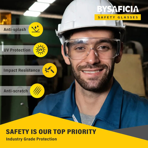 Six Pack Of Crystal Clear Safety Glasses Over Eyeglasses With Kickass Impact Resistant Polycarbonate Lenses, No Sweat ANSI Z87.1 Protective Eyewear For Hard Hat Jobs, Construction, And Backyard Chores worn by a man in safety attire.