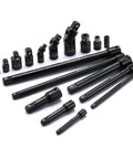 18 Piece Drive Tool Accessory Set With Socket Adapters Extensions And Universal Joints Plus Impact Coupler, black oxide finish
