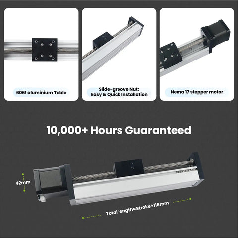 40mm Wide Linear Guide Rail Module Nema 17 Stepper Motor 0.02mm Ultra Precision 150mm Stroke 4mm Lead on 6061 Aluminium table