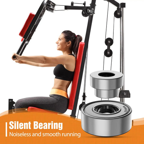 4.5 Inch Universal Nylon Bearing Pulley Wheel Replacement Heavy Duty Silent Spin 1000 Pounds Max Load Capacity Zero Shake Guarantee Rock Solid Build Straight Up Smooth Ride One Pack in gym setting.