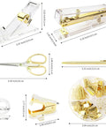 Shiny Gold Tone Office Desk Accessories Set With Acrylic Stapler Tape Dispenser Staple Remover Pen Holder Scissors Binder Clips 1000 Staples And Ballpoint Pen For A Must Have Neat Pro Style Workspace on display with measurement details