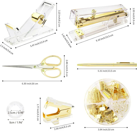 Shiny Gold Tone Office Desk Accessories Set With Acrylic Stapler Tape Dispenser Staple Remover Pen Holder Scissors Binder Clips 1000 Staples And Ballpoint Pen For A Must Have Neat Pro Style Workspace on display with measurement details